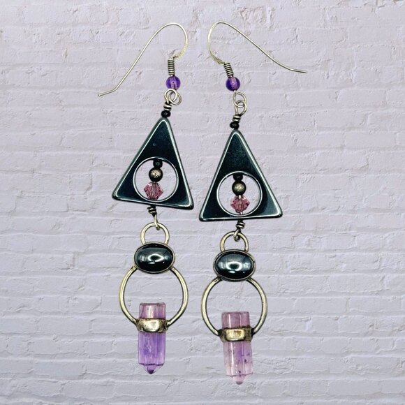 Artisan Jewelry - Vintage Geometric Triangle Earrings W/ Amethyst Crystal Dangle & Hematite Accent